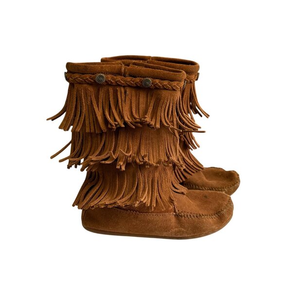 Minnetonka Suede Moccasins 3 Layer Fringe Mid Calf Boots Women's 4 Brown Boho - Picture 4 of 13